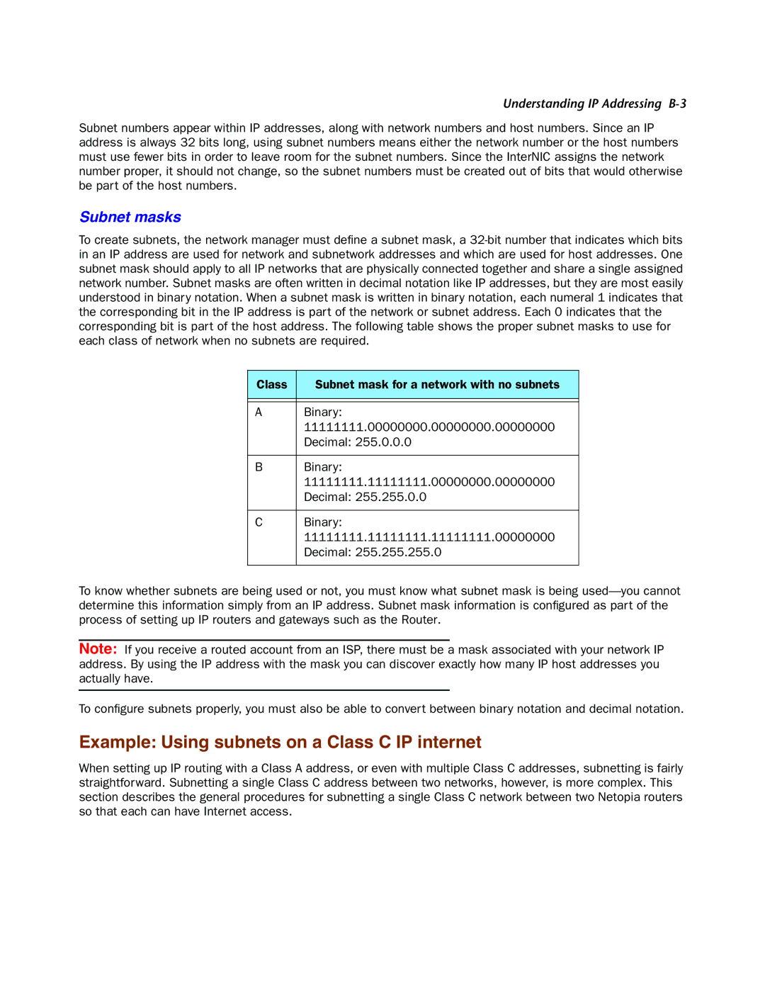 Netopia 4000-Series manual Example Using subnets on a Class C IP internet, Subnet masks 