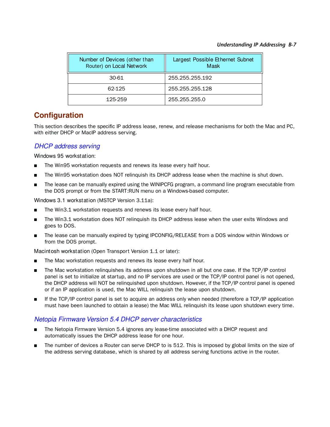 Netopia 4000-Series manual Conﬁguration, Dhcp address serving, Netopia Firmware Version 5.4 Dhcp server characteristics 