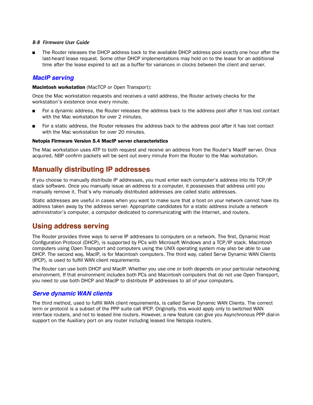 Netopia 4000-Series Manually distributing IP addresses, Using address serving, MacIP serving, Serve dynamic WAN clients 