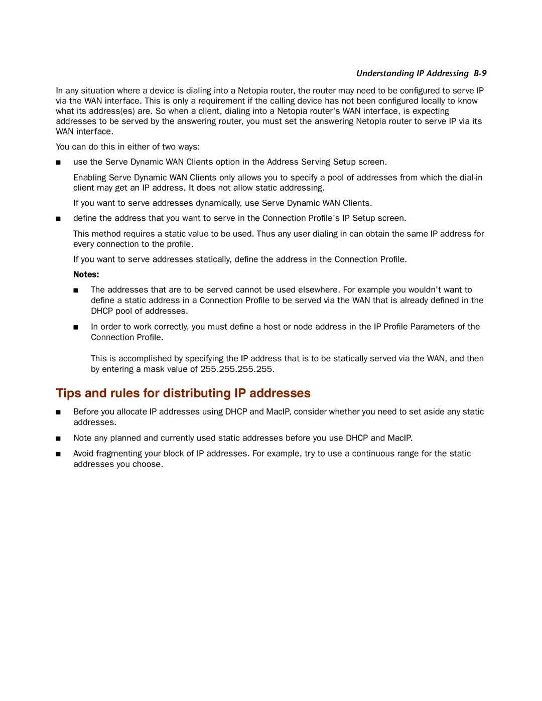 Netopia 4000-Series manual Tips and rules for distributing IP addresses, Understanding IP Addressing B-9 