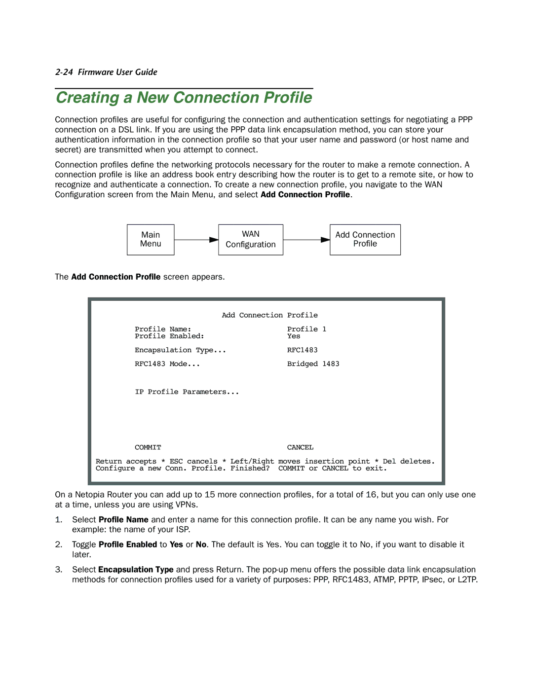 Netopia 4000-Series manual Creating a New Connection Proﬁle, Commit Cancel 