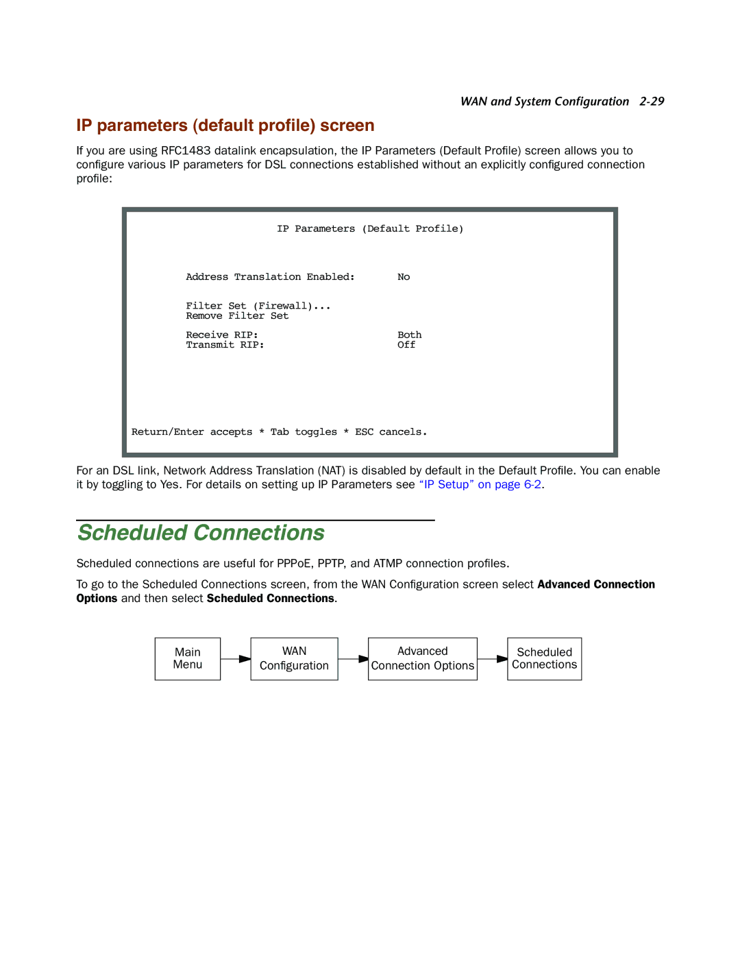 Netopia 4000-Series manual Scheduled Connections, IP parameters default proﬁle screen 