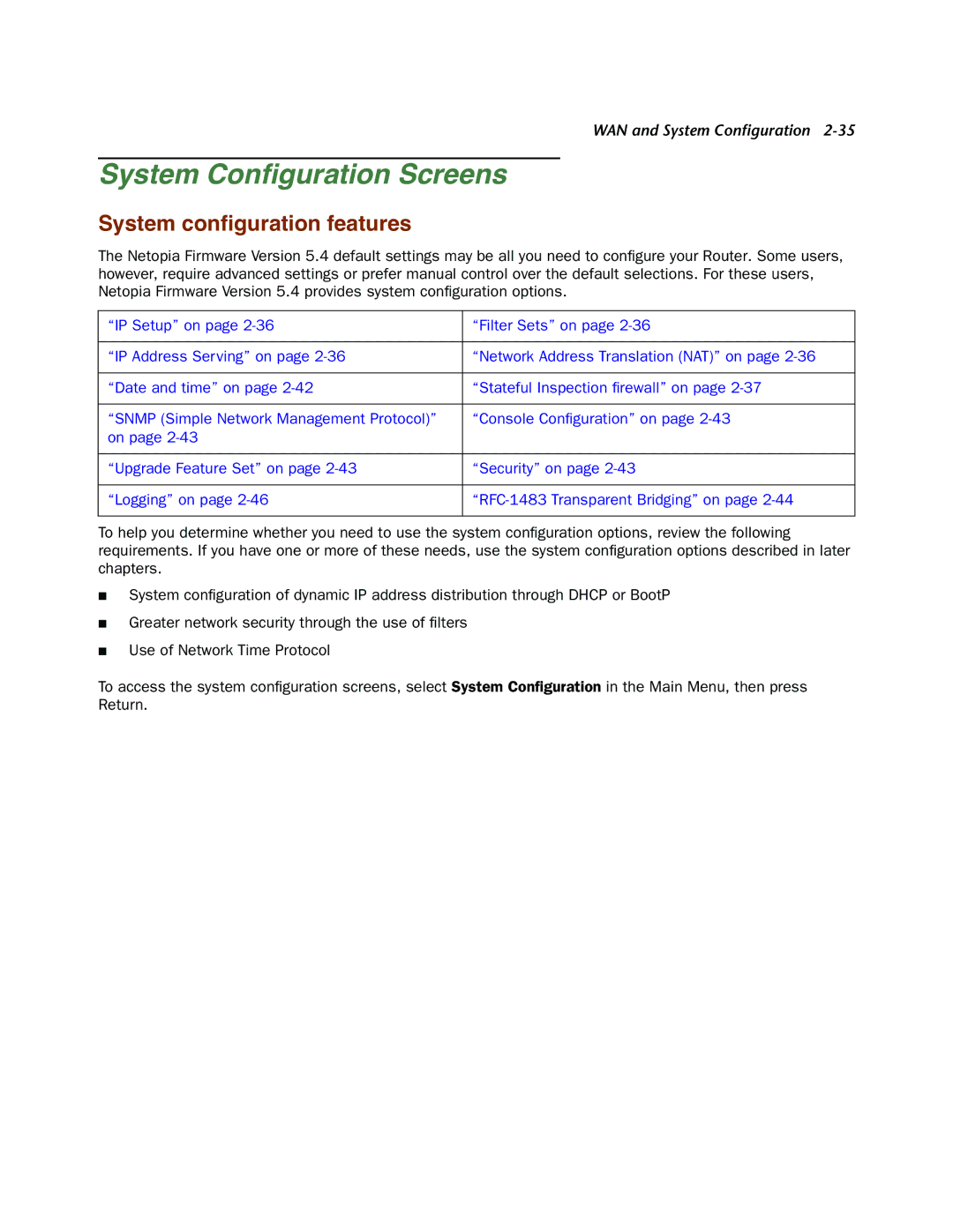 Netopia 4000-Series manual System Conﬁguration Screens, System conﬁguration features 