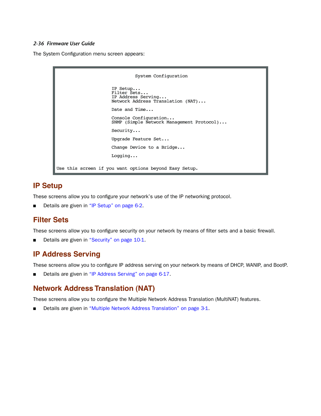 Netopia 4000-Series manual IP Setup, Filter Sets, IP Address Serving, Network Address Translation NAT 