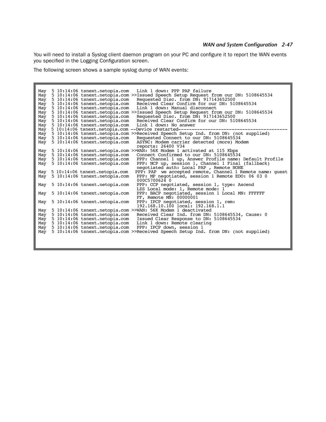 Netopia 4000-Series manual PPP PAP we accepted remote, Channel 1 Remote name guest 