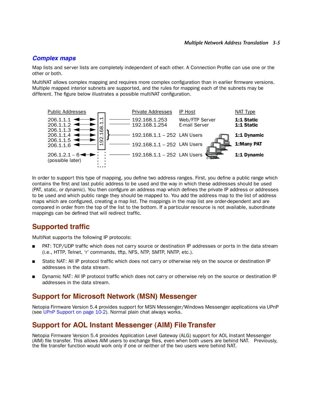 Netopia 4000-Series manual Supported trafﬁc, Support for Microsoft Network MSN Messenger, Complex maps 