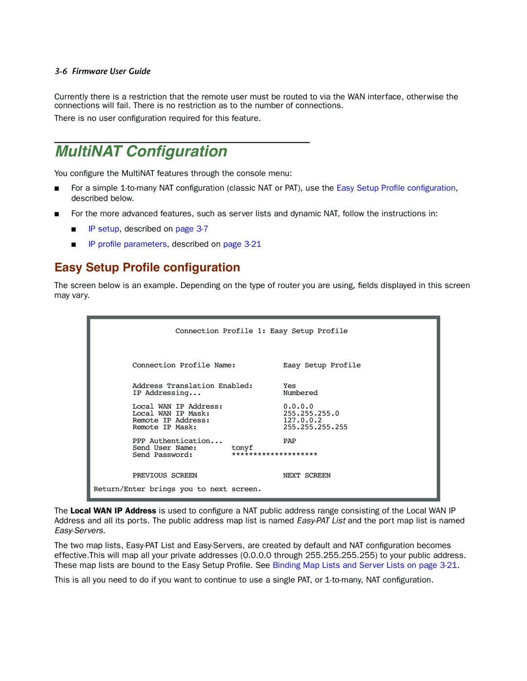 Netopia 4000-Series manual MultiNAT Conﬁguration, Easy Setup Proﬁle conﬁguration 