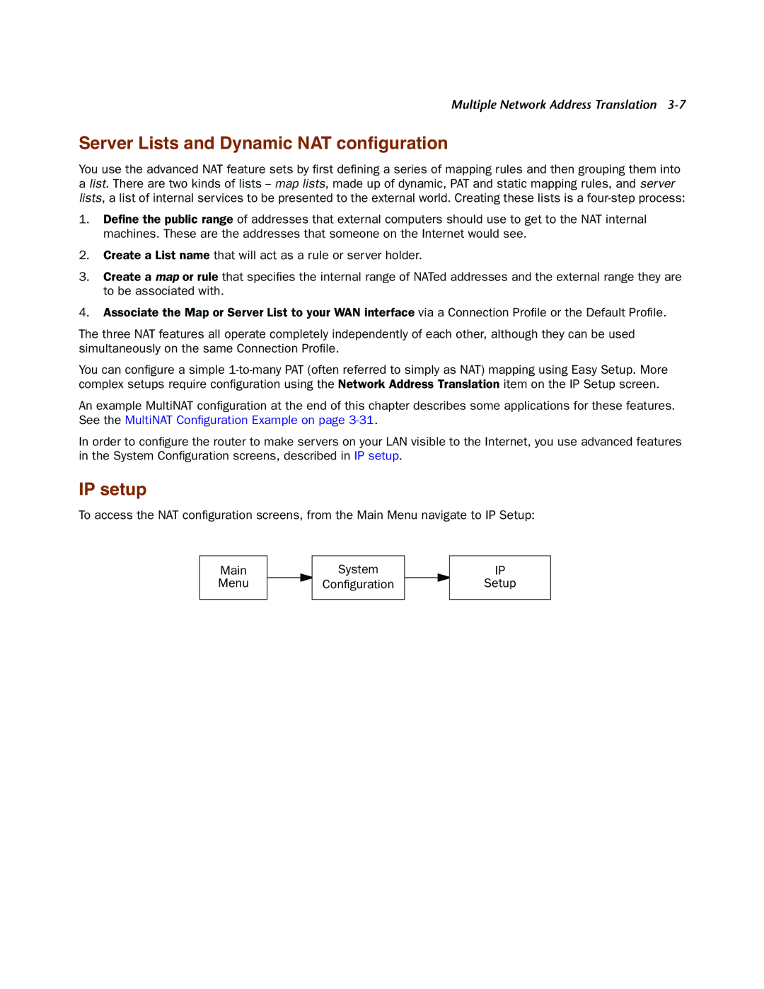 Netopia 4000-Series manual Server Lists and Dynamic NAT conﬁguration, IP setup 