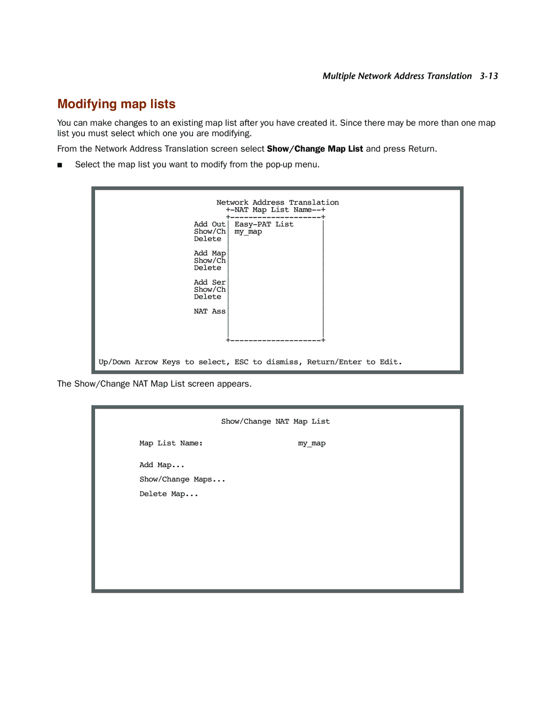 Netopia 4000-Series manual Modifying map lists, Show/Change NAT Map List screen appears 