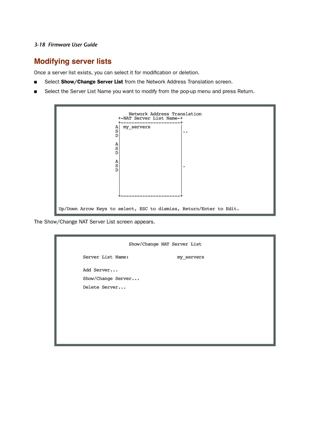 Netopia 4000-Series manual Modifying server lists, Show/Change NAT Server List screen appears 