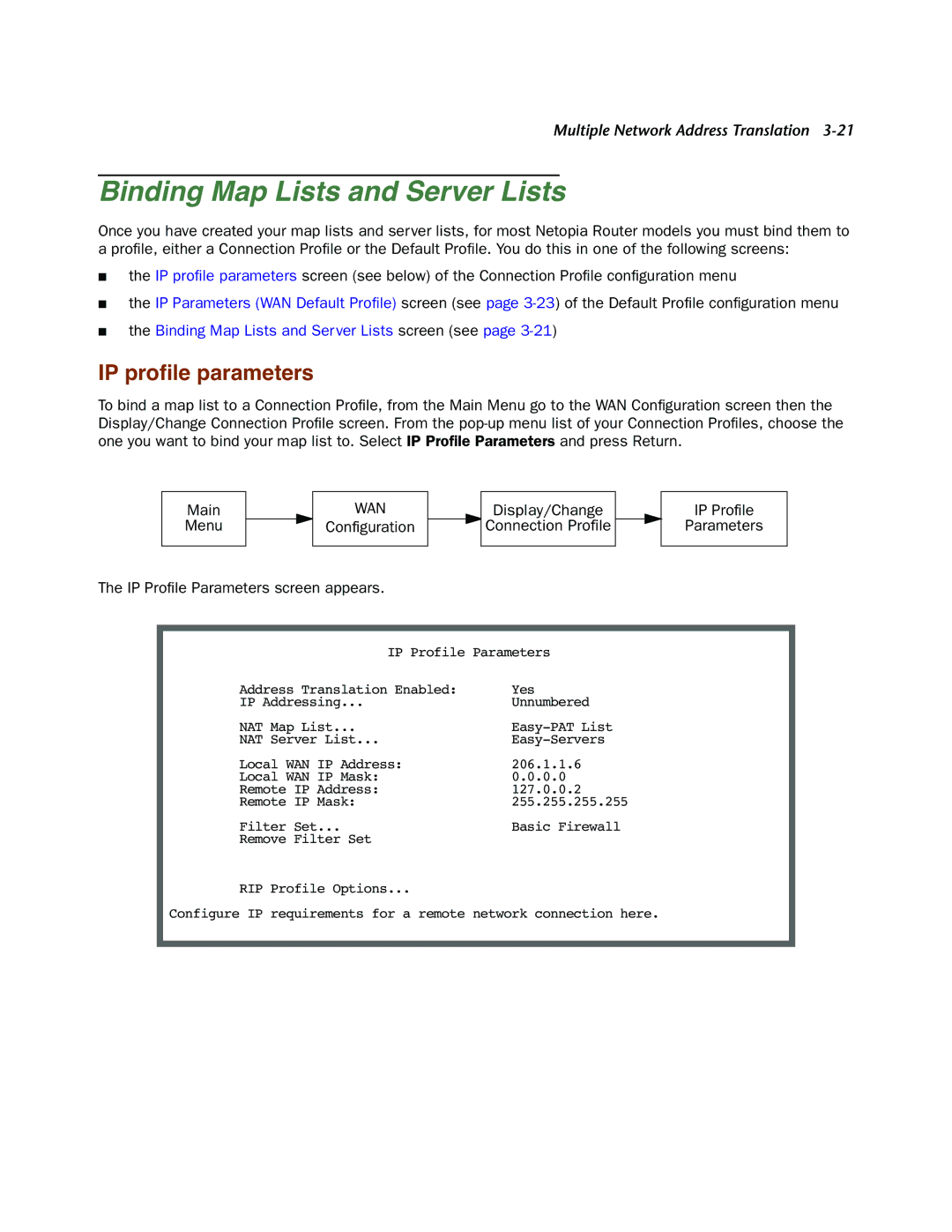 Netopia 4000-Series manual Binding Map Lists and Server Lists, IP proﬁle parameters 