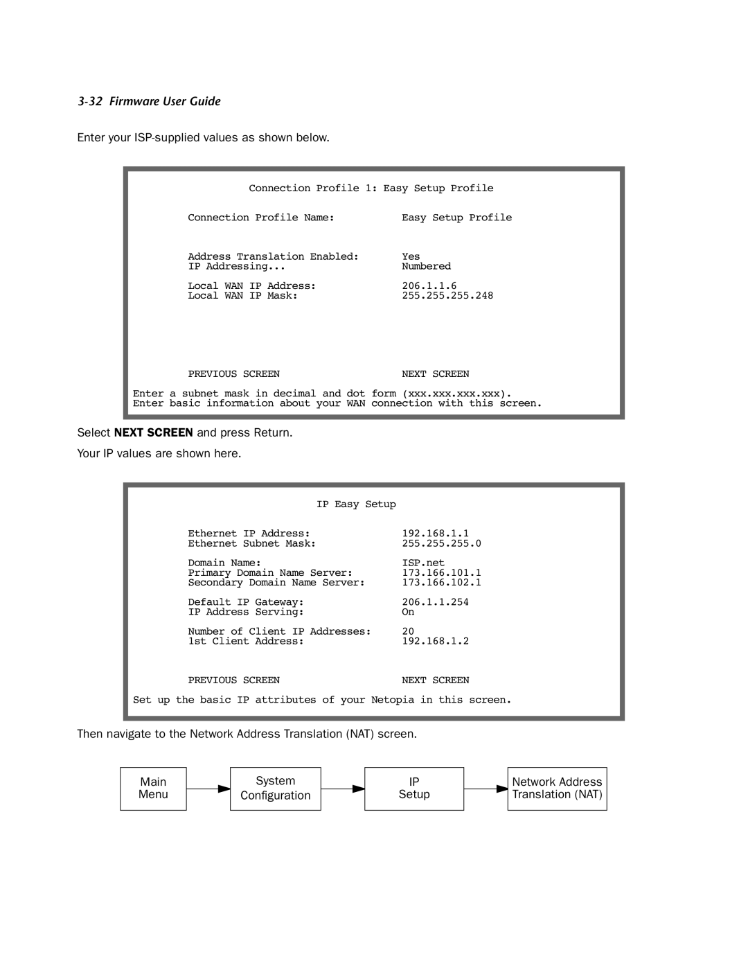 Netopia 4000-Series manual Enter your ISP-supplied values as shown below, Previous Screen 