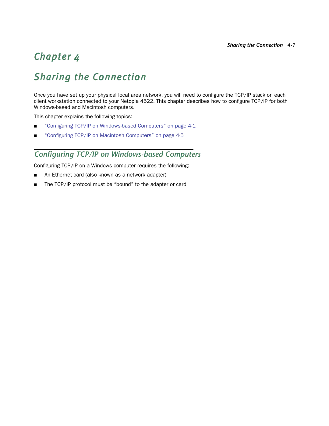 Netopia 4522 T1 manual Chapter Sharing the Connection, Conﬁguring TCP/IP on Windows-based Computers 