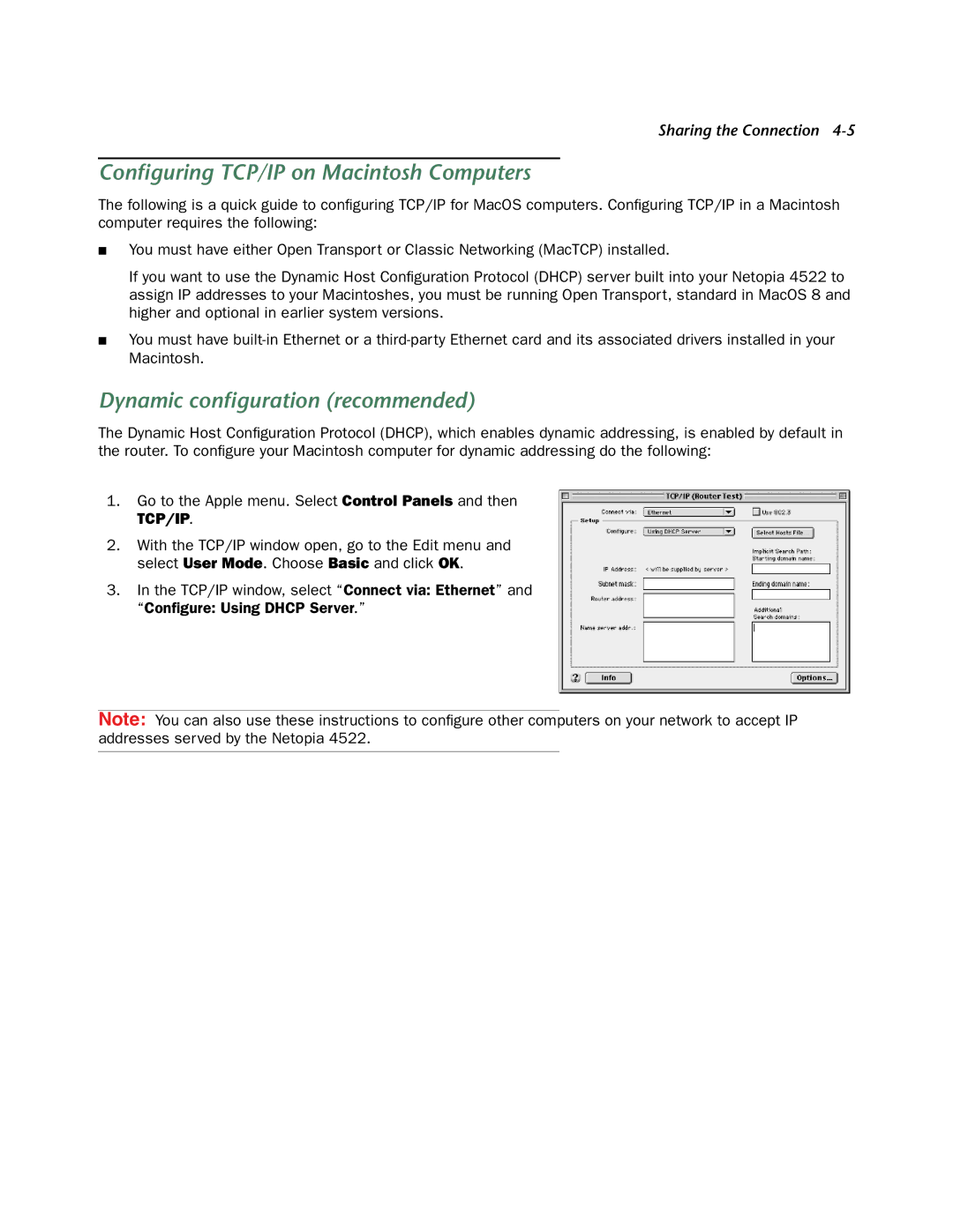 Netopia 4522 T1 manual Conﬁguring TCP/IP on Macintosh Computers, Tcp/Ip 