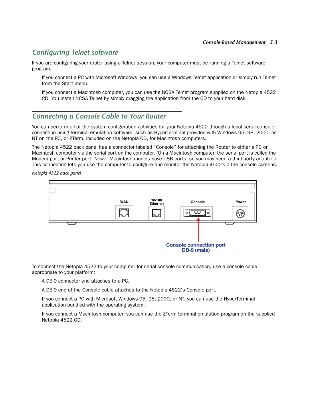 Netopia 4522 T1 manual Conﬁguring Telnet software, Connecting a Console Cable to Your Router 