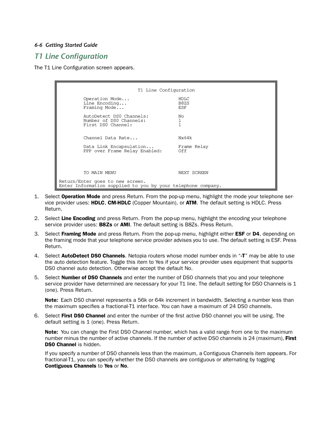 Netopia 4522 T1 manual T1 Line Conﬁguration screen appears 