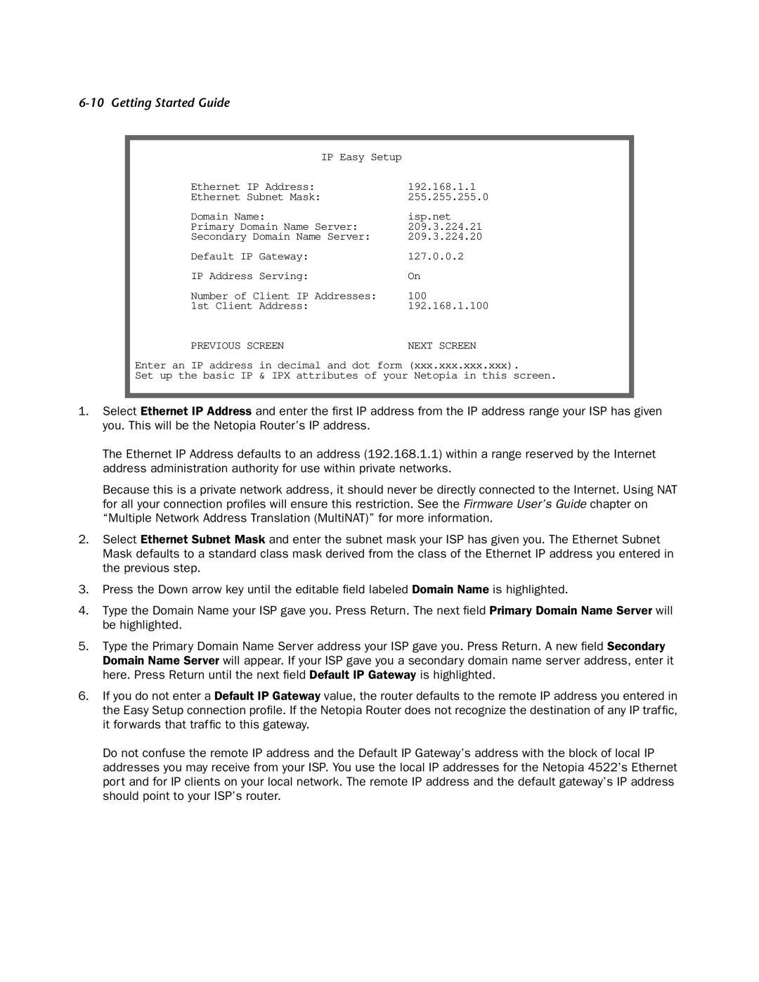 Netopia 4522 T1 manual Ethernet IP Address 192.168.1.1 Ethernet Subnet Mask 