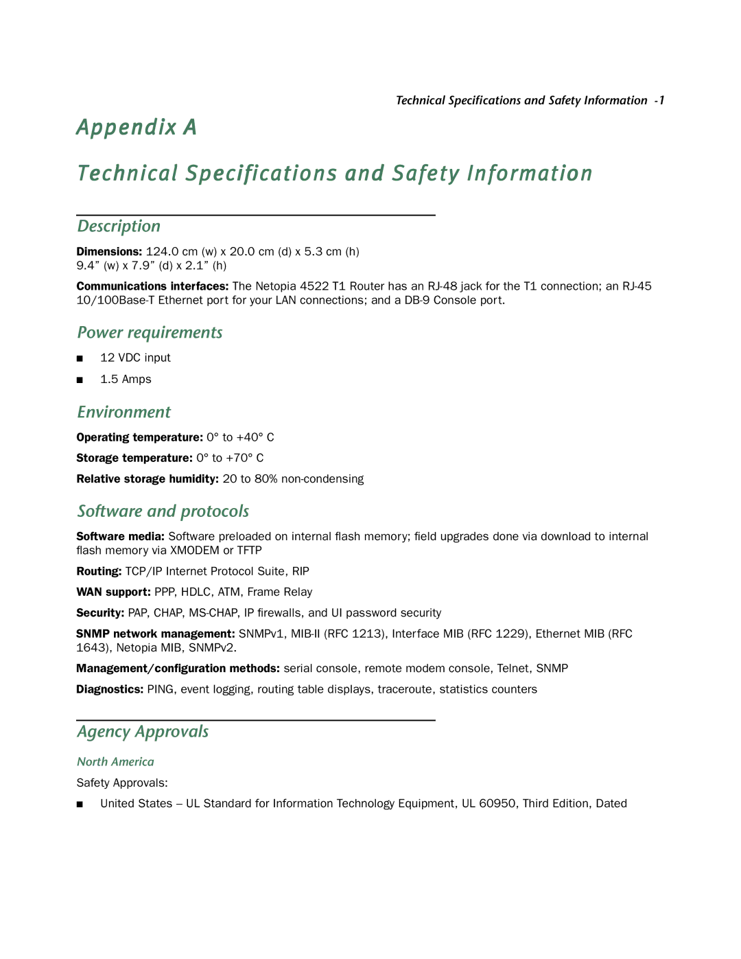 Netopia 4522 T1 manual Appendix a Technical Specifications and Safety Information 