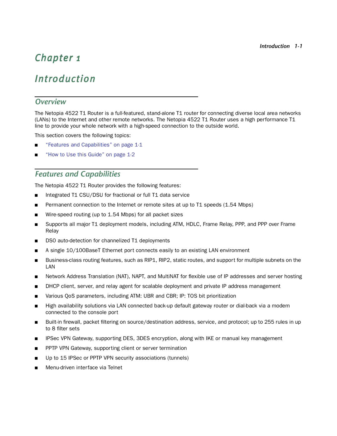 Netopia 4522 T1 manual Chapter Introduction, Overview, Features and Capabilities 