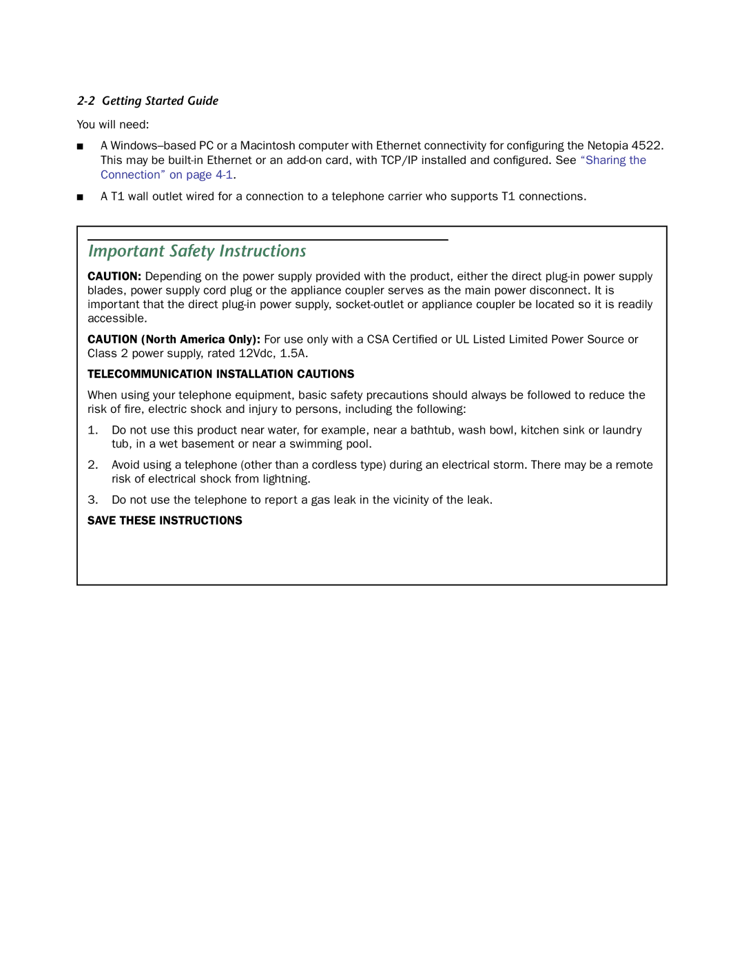 Netopia 4522 T1 manual Important Safety Instructions, Telecommunication Installation Cautions 