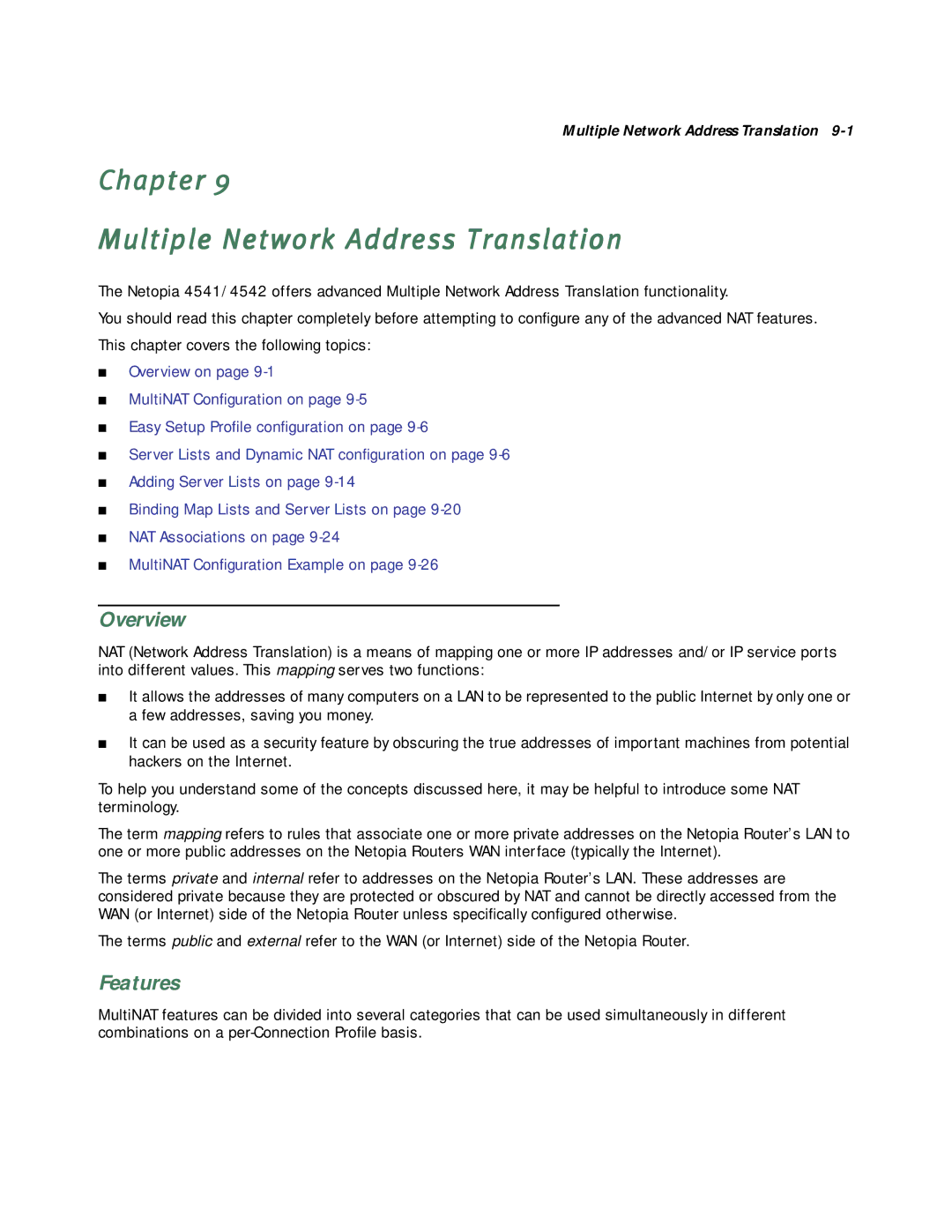 Netopia 4542, 4541 manual Chapter Multiple Network Address Translation, Features 