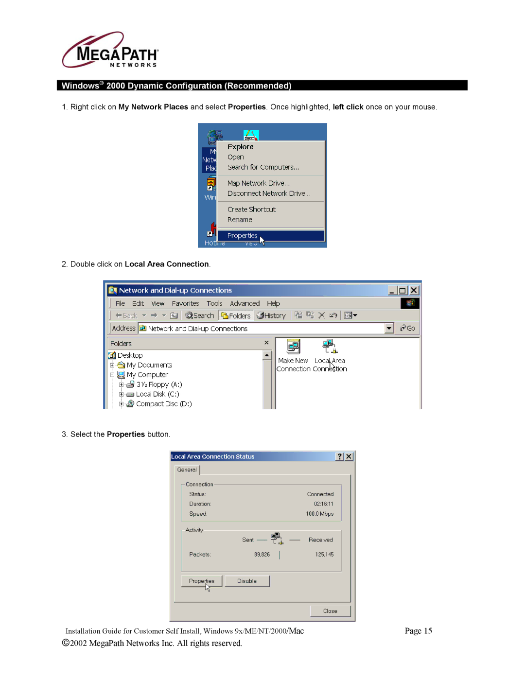 Netopia 45413 manual Windows 2000 Dynamic Configuration Recommended, Double click on Local Area Connection 