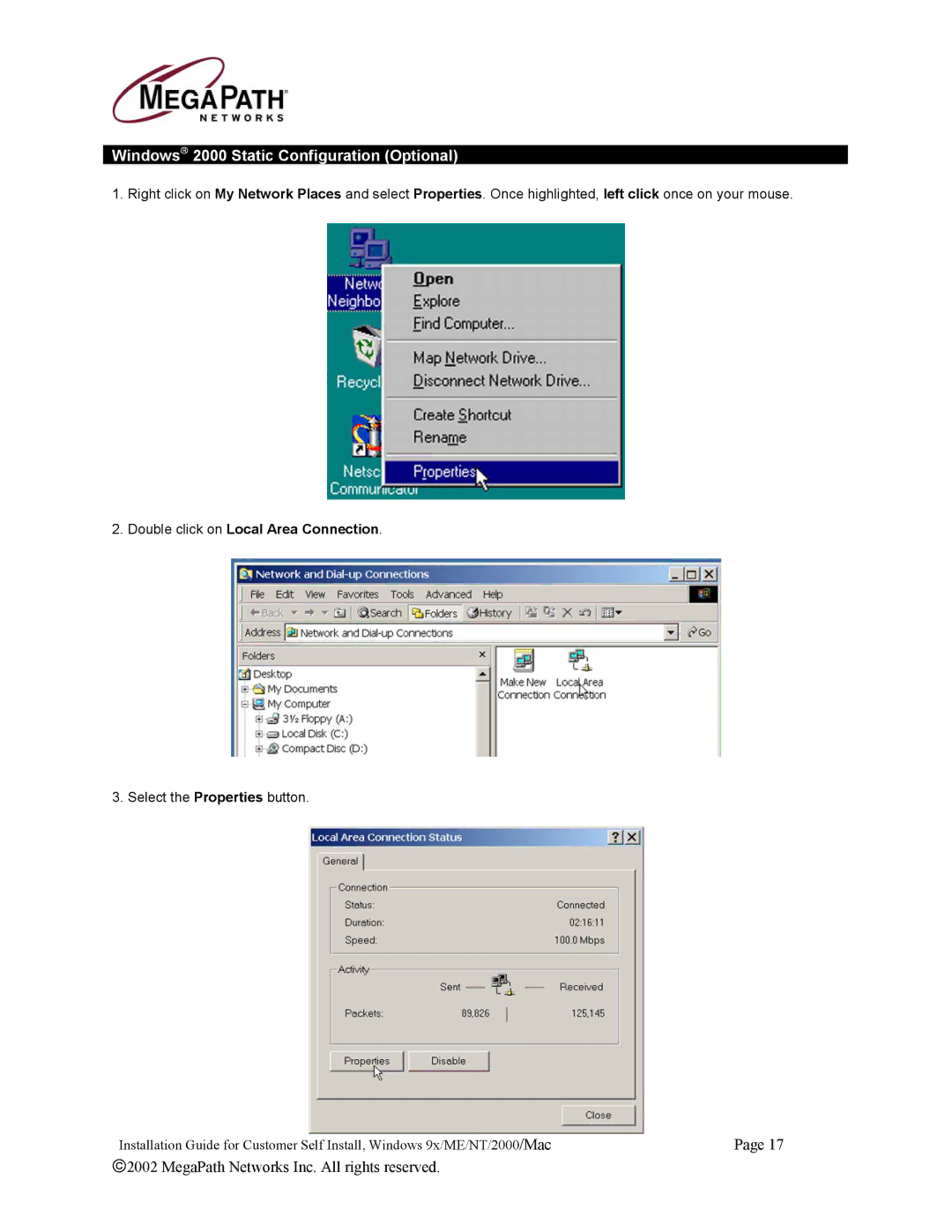 Netopia 45413 manual Windows 2000 Static Configuration Optional 