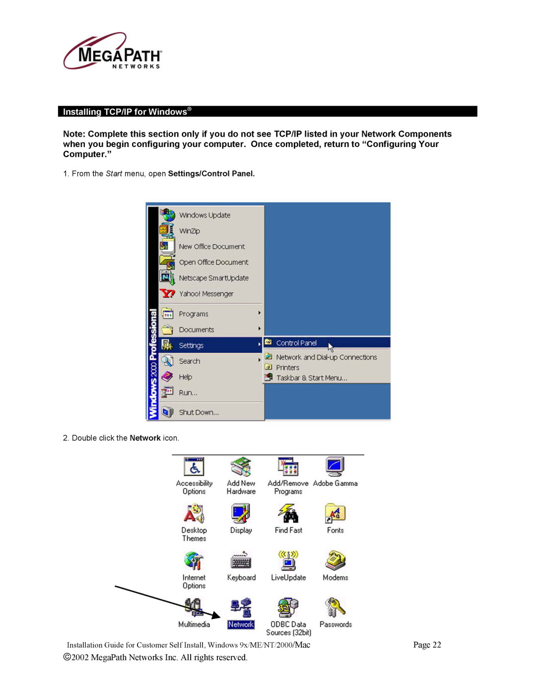 Netopia 45413 manual Installing TCP/IP for Windows, From the Start menu, open Settings/Control Panel 