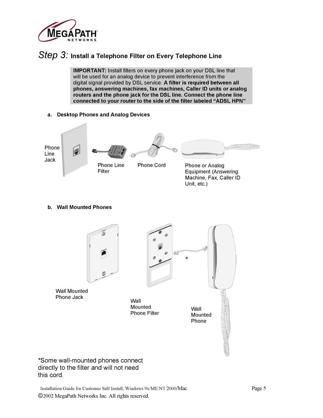 Netopia 45413 Install a Telephone Filter on Every Telephone Line, Desktop Phones and Analog Devices, Wall Mounted Phones 