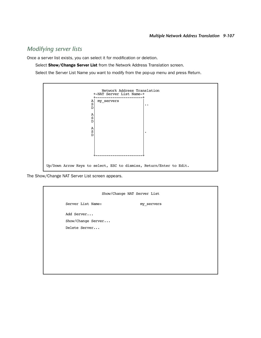 Netopia 4553 manual Modifying server lists, Show/Change NAT Server List screen appears 