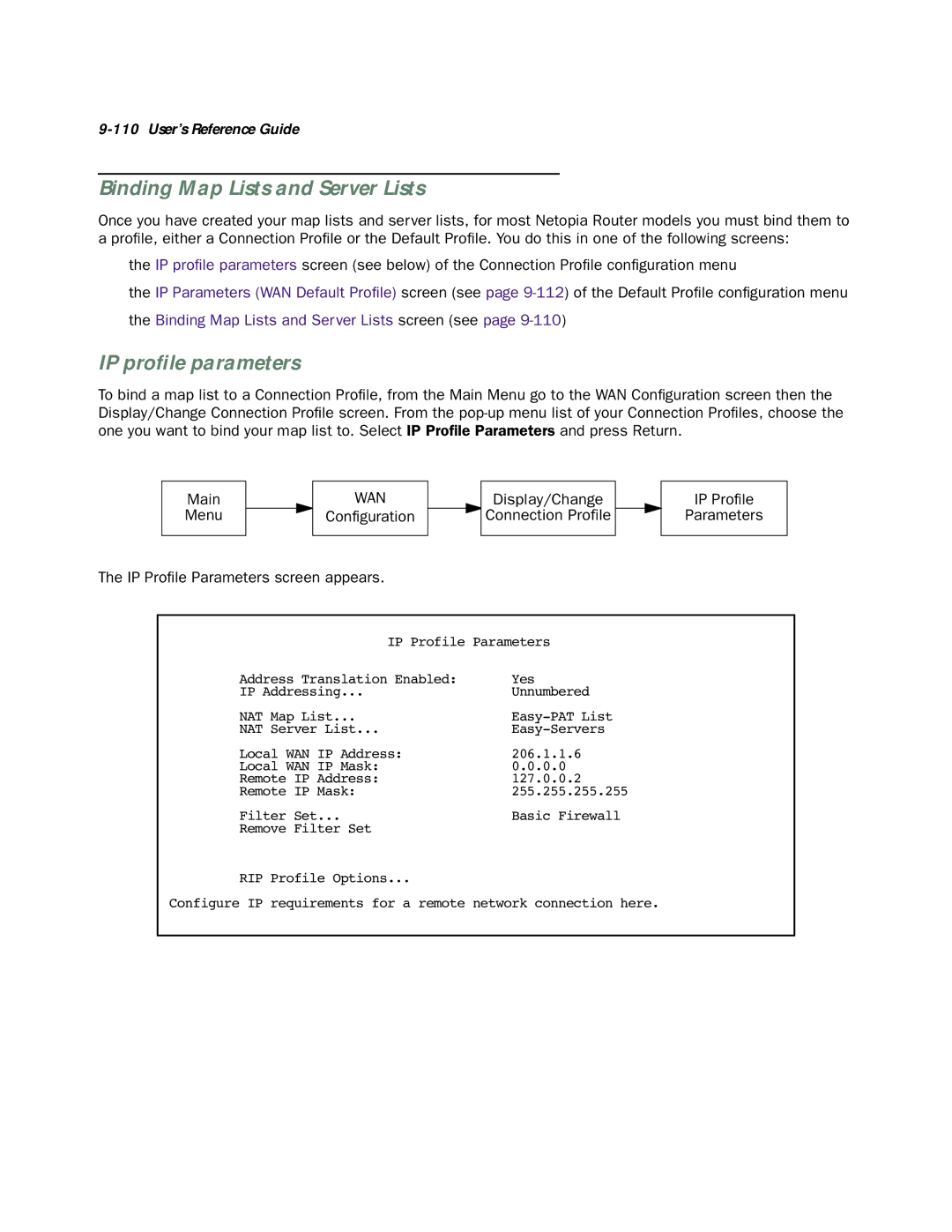 Netopia 4553 manual Binding Map Lists and Server Lists, IP proﬁle parameters 