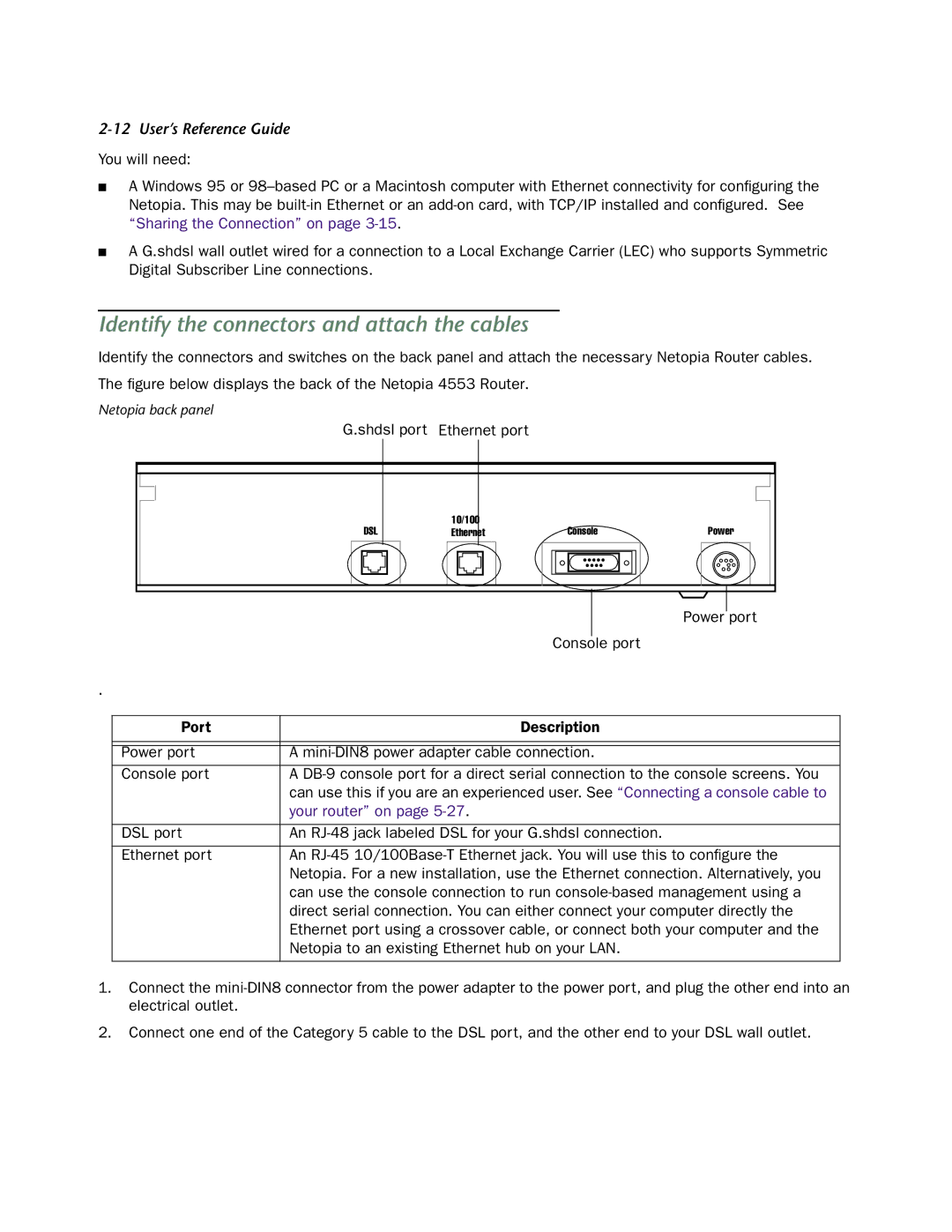 Netopia 4553 manual Identify the connectors and attach the cables, Your router on 