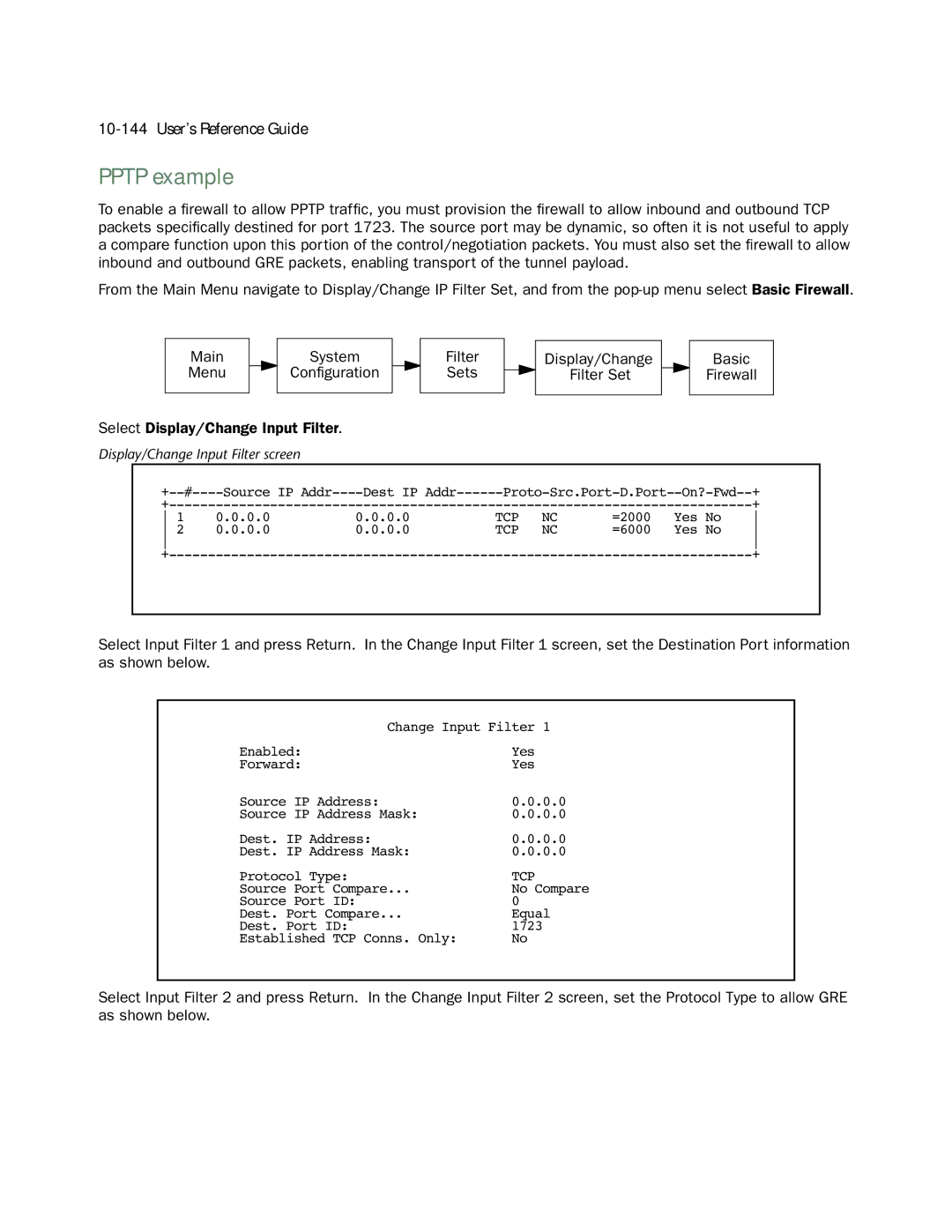 Netopia 4553 manual Pptp example, Filter Sets Display/Change Basic Firewall 