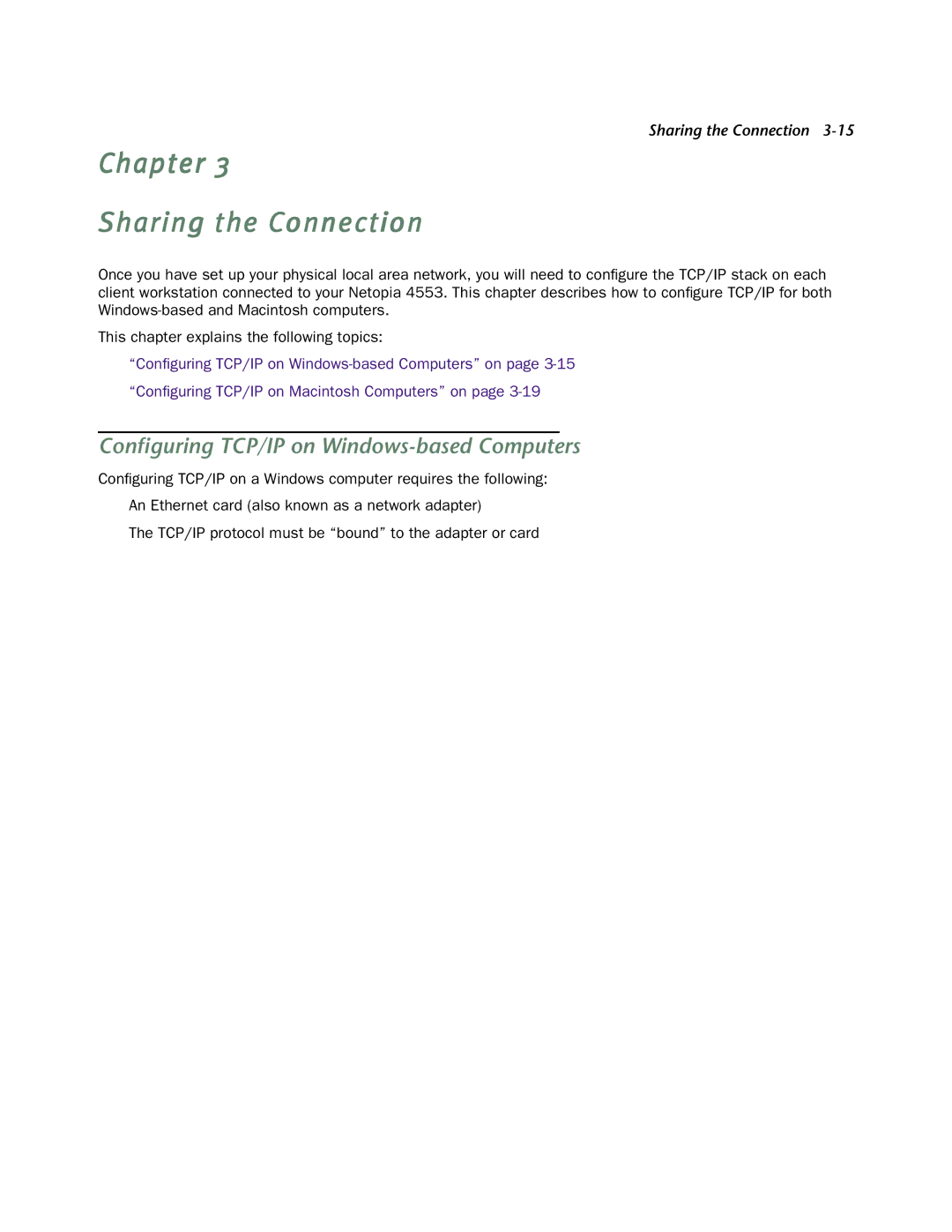 Netopia 4553 manual Chapter Sharing the Connection, Conﬁguring TCP/IP on Windows-based Computers 