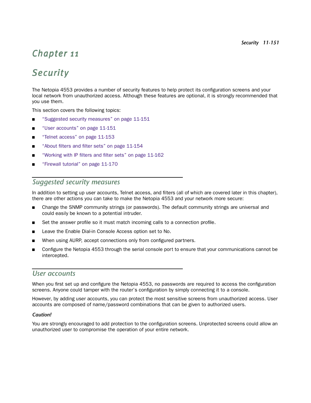 Netopia 4553 manual Chapter Security, Suggested security measures, User accounts 