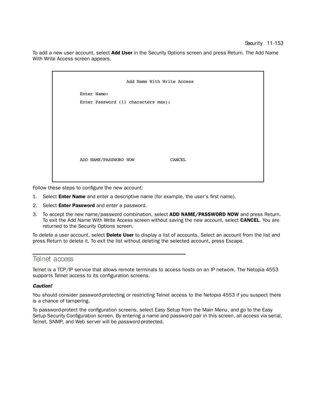 Netopia 4553 manual Telnet access 