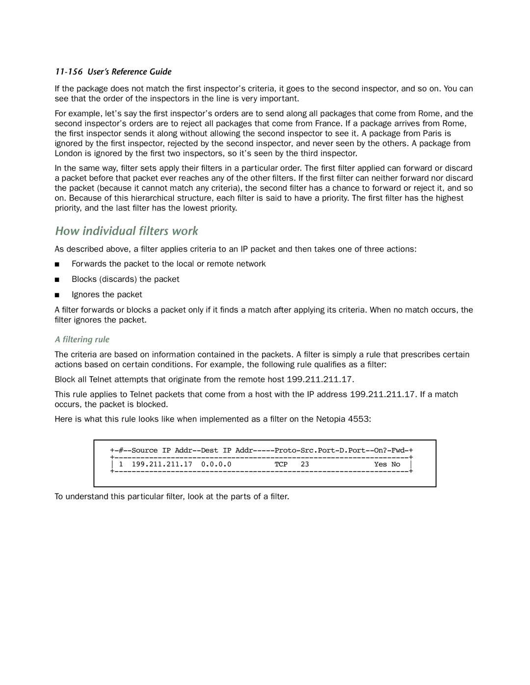 Netopia 4553 manual How individual ﬁlters work, ﬁltering rule 