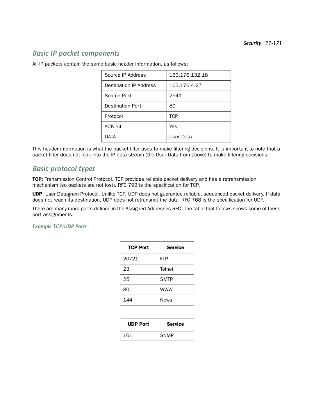 Netopia 4553 manual Basic IP packet components, Basic protocol types, Example TCP/UDP Ports 