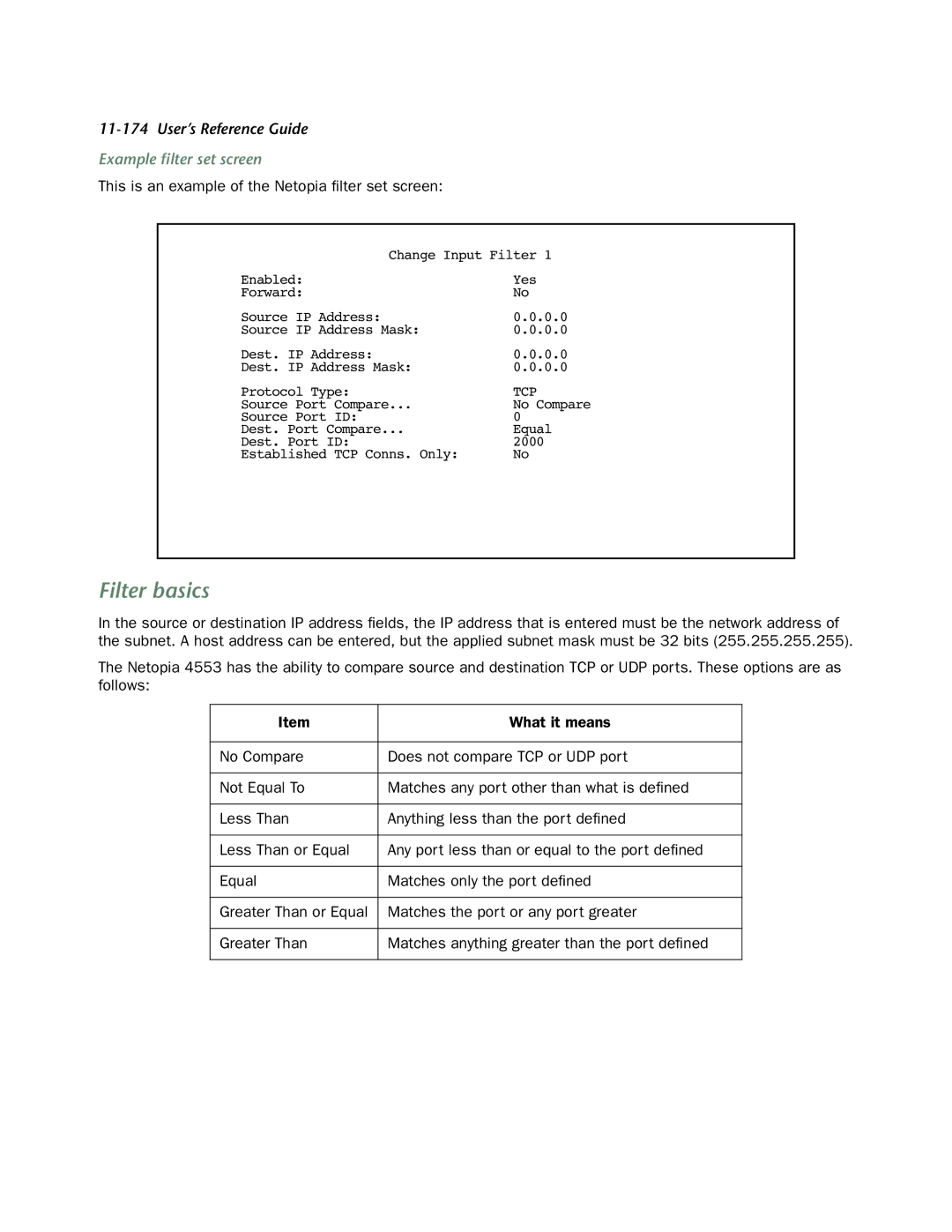 Netopia 4553 manual Filter basics, Example ﬁlter set screen 