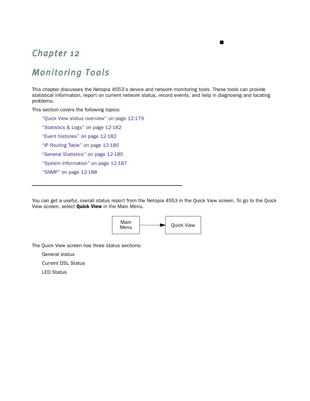 Netopia 4553 manual Chapter Monitoring Tools, Quick View status overview 