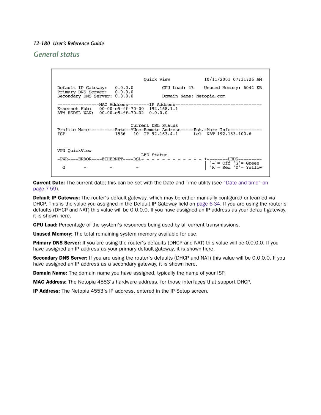 Netopia 4553 manual General status, ATM Hsdsl WAN 