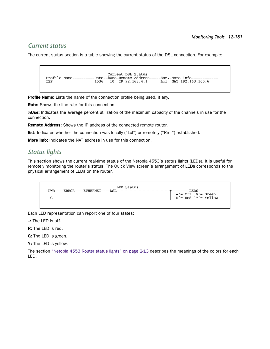 Netopia 4553 manual Current status, Status lights 