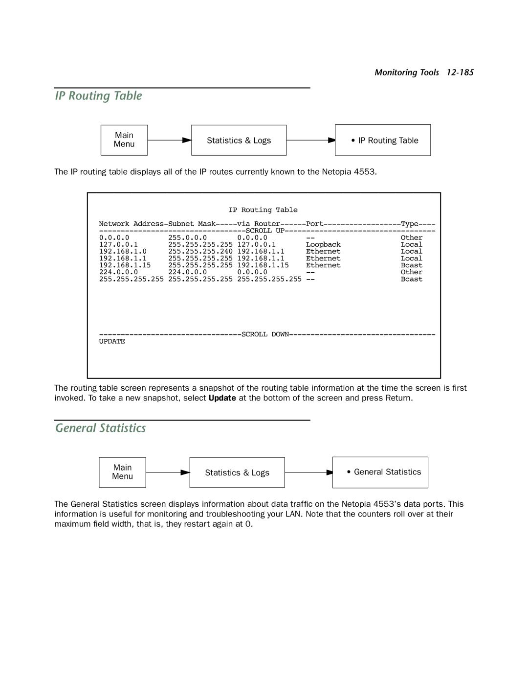 Netopia 4553 manual IP Routing Table, General Statistics 