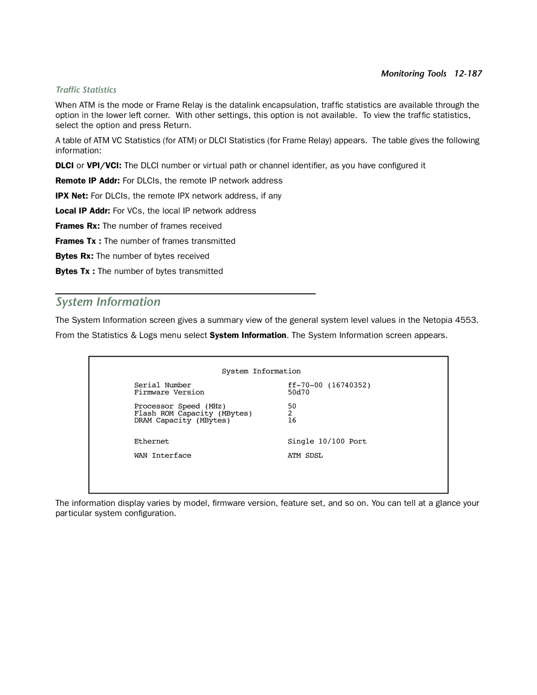 Netopia 4553 manual System Information, Trafﬁc Statistics 