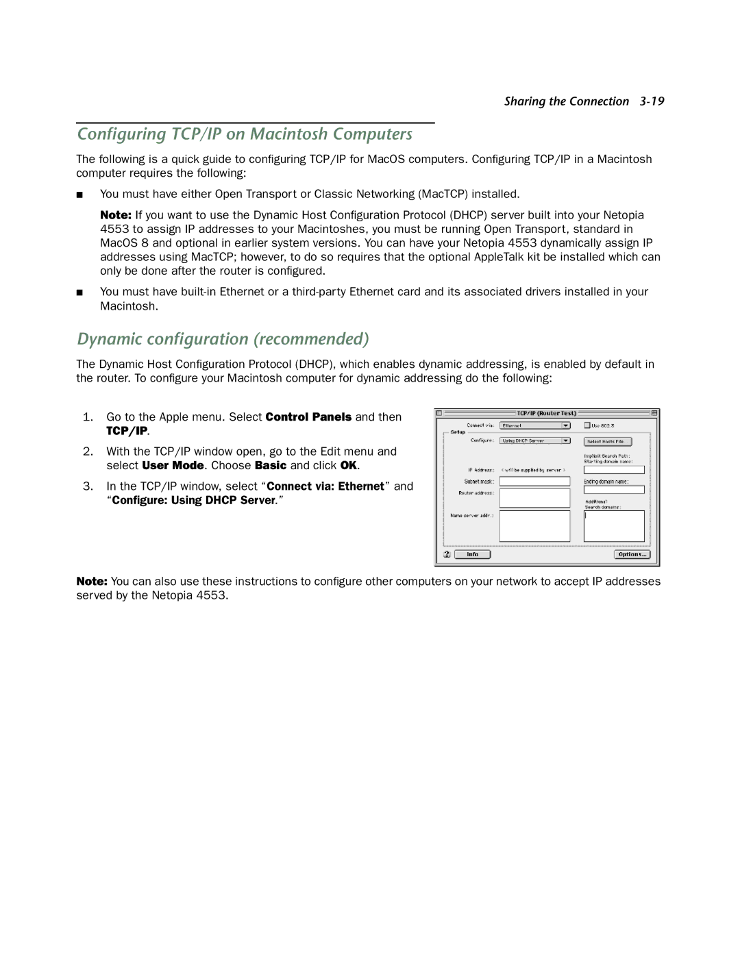 Netopia 4553 manual Conﬁguring TCP/IP on Macintosh Computers, Tcp/Ip 