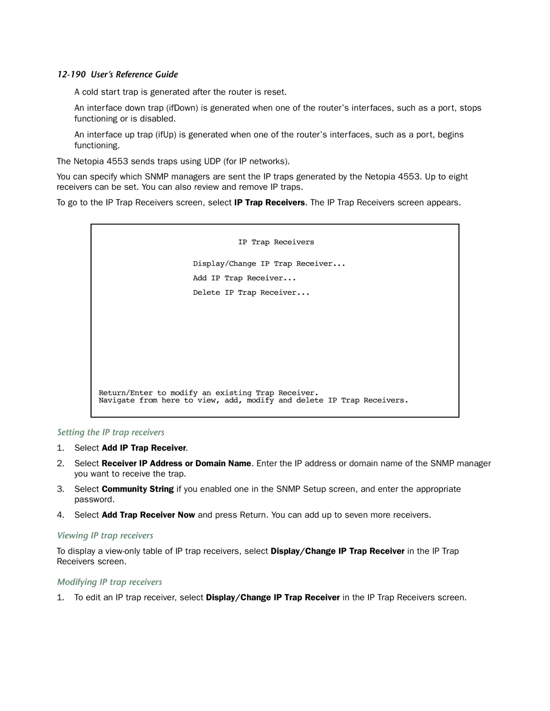 Netopia 4553 manual Setting the IP trap receivers, Viewing IP trap receivers, Modifying IP trap receivers 