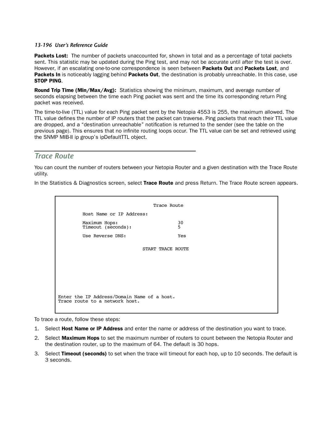 Netopia 4553 manual Trace Route, Stop Ping 