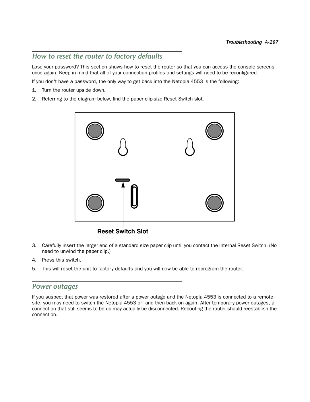 Netopia 4553 manual How to reset the router to factory defaults, Power outages 