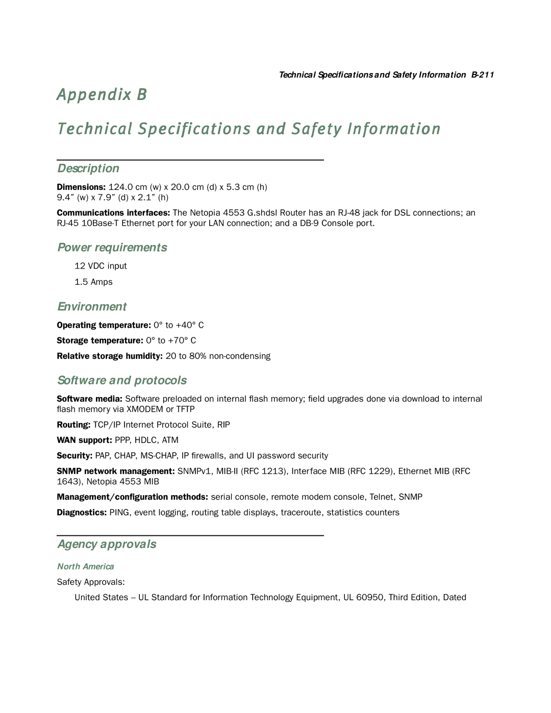 Netopia 4553 manual Appendix B Technical Specifications and Safety Information 