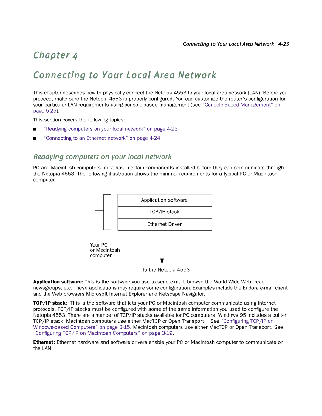 Netopia 4553 manual Chapter Connecting to Your Local Area Network, Readying computers on your local network 